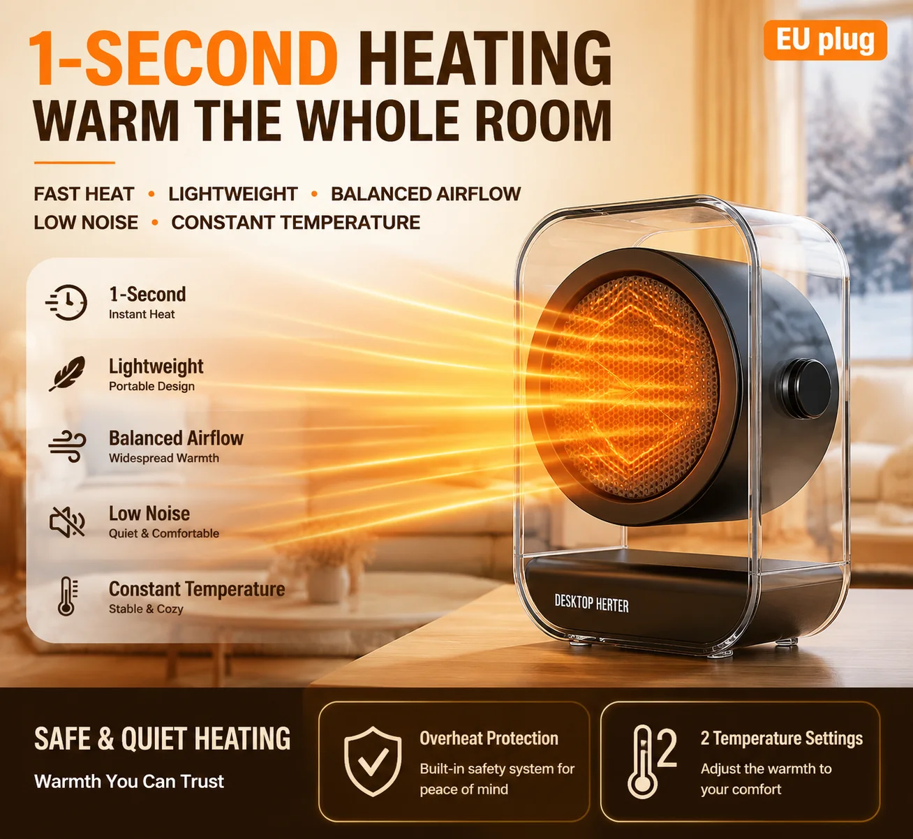 2026 New Upgrade Desktop Heater 2 Modes 90 Adjustable Angle Portable Overheat Protection Handle For Office Home Mini Heater Pers