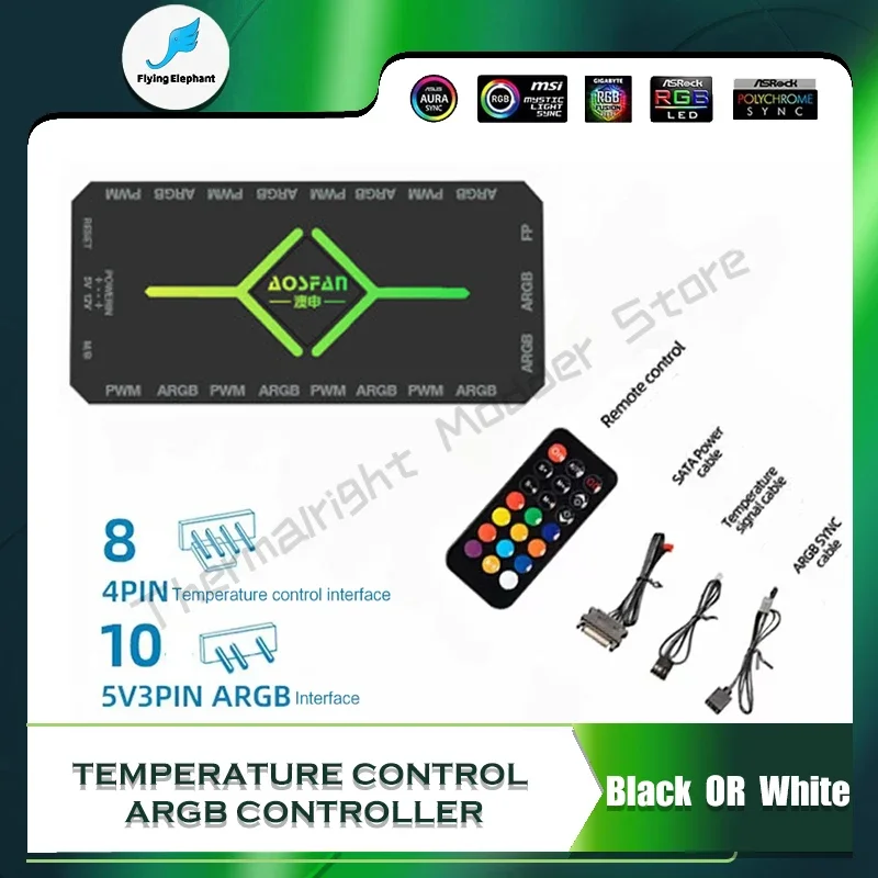 Computer Lighting Controller 4Pin PWM Fan + 3Pin ARGB Connecting Controller HUB Remote Control Black/White