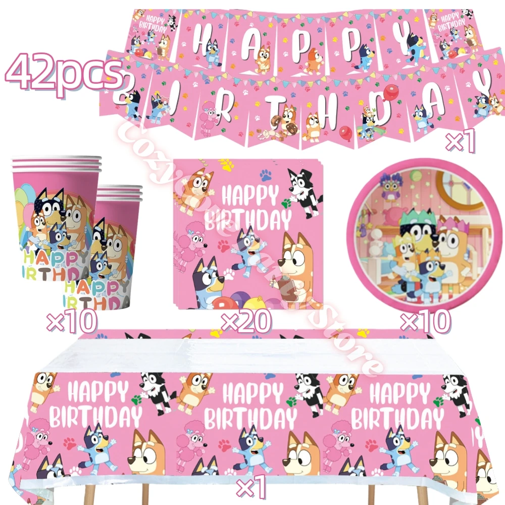 Roze Bluey Verjaardagsparty Decoratie Set Bingo Puppy Beker Bord Servetten Ballonnen voor Kindergeschenken Fotohokje Babyshower