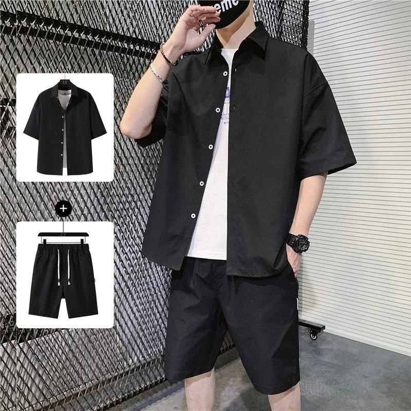 Man Sets Sports Black No Logo Two Piece Set Tee Korean Style 2024 T-shirts Shorts Suits For Men Offer Youthful Emo Two-piece Xl