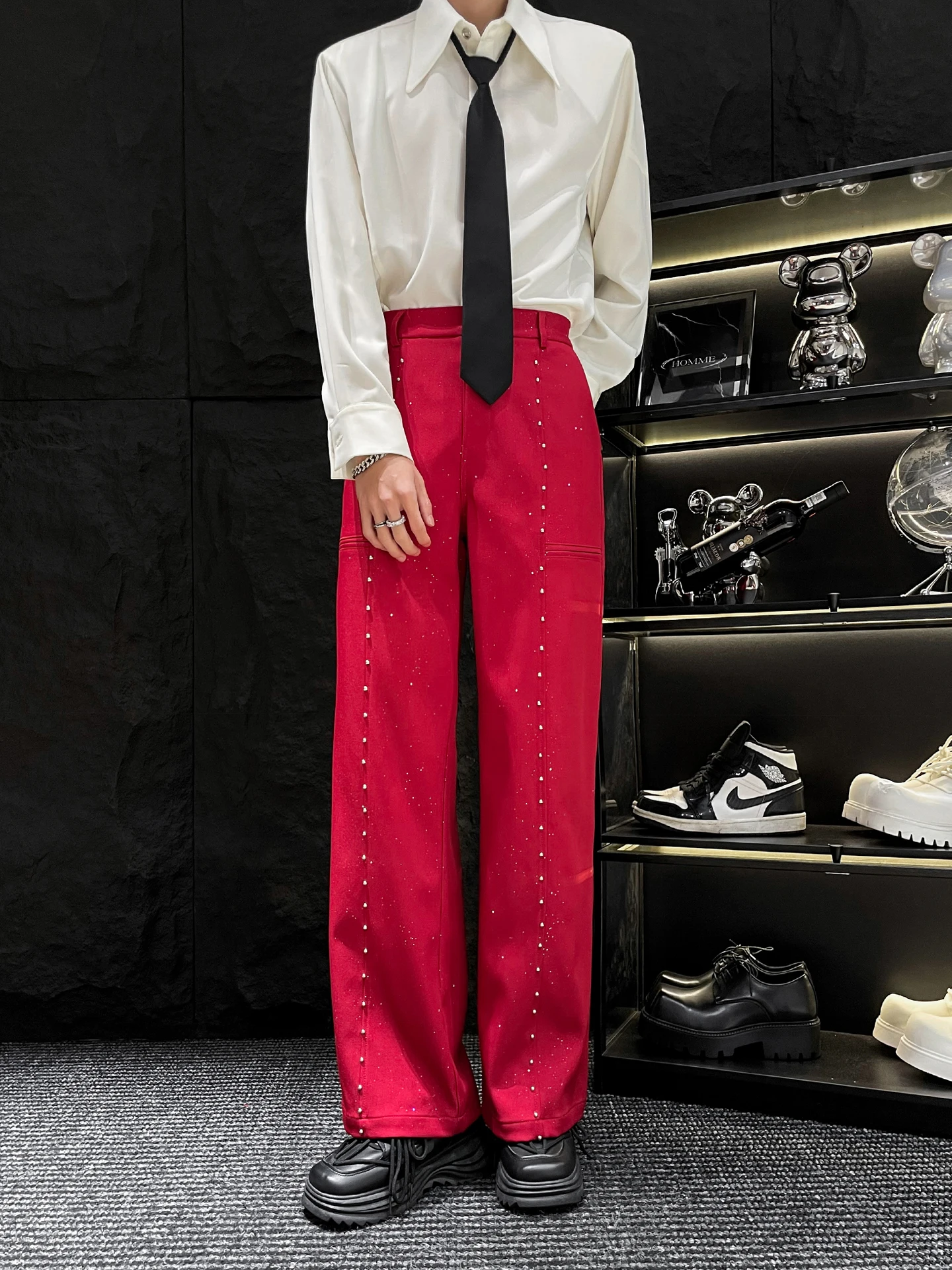 

Red Loose Straight Leg Pants Men's Faion Casual Trousers High Waist Zipper Fly No Brand Youth Trend Autumn Season China Made