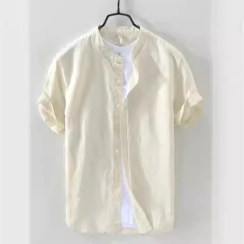 Summer Chinese Style Linen Stand Collar Single-Breasted Short Sleeve Shirt Men's Casual Top