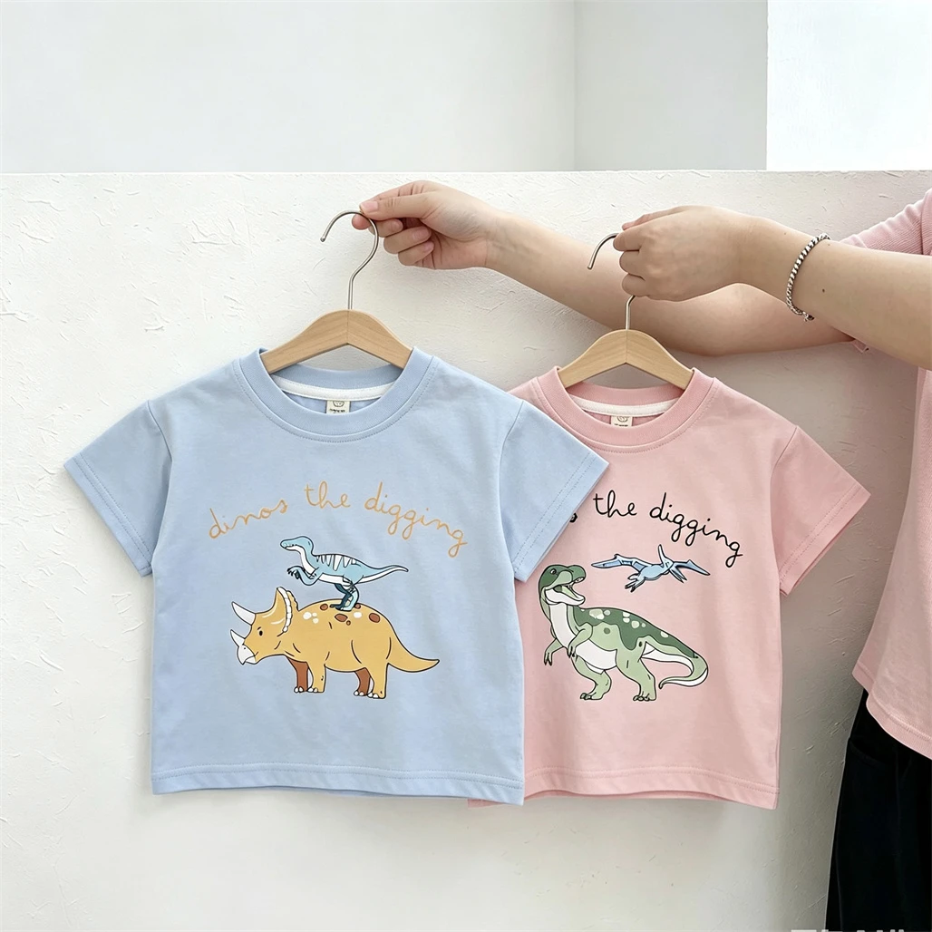 Cartoon Dinosaur Print TShirt Crewneck Pullovers Short-sleeved Tops Outer Wear Summer Clothes Toddler Round Neck Base Shirt