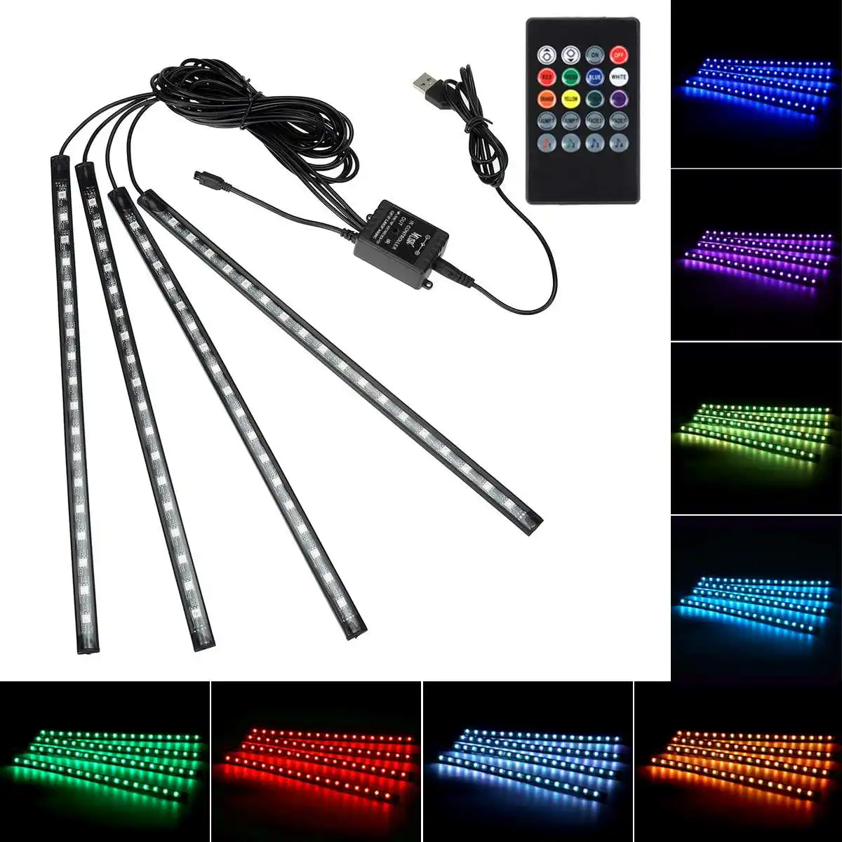 72LED Car LED Interior Ambient Foot Strip Light Atmosphere Decorative Lamp Convenient Remote Control RGB