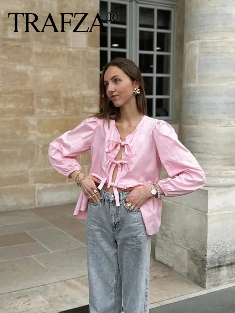 TRAFZA Shirts For Women Elegant Front Bow Tie Pink Blouse Top Puff Sleeve Shirt Spring Summer Women Casual Streetwear Top