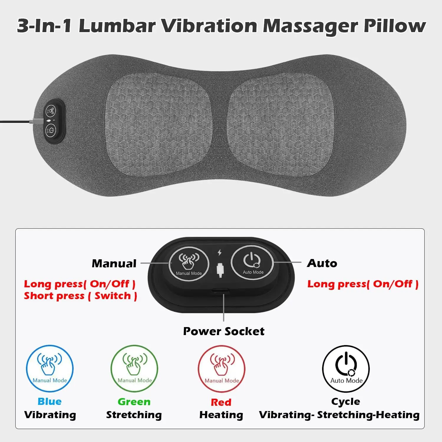 3 in 1 Lower Back Massager for Pain Relief Deep Tissue,Smooth Spine Triple Fusion Back Massage Support Pillow for Bed,Chair