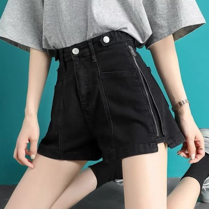 Shorts jeans feminino verão moda sólida zíper all-match solto botão faculdade lazer cintura alta estilo coreano feminino streetwear