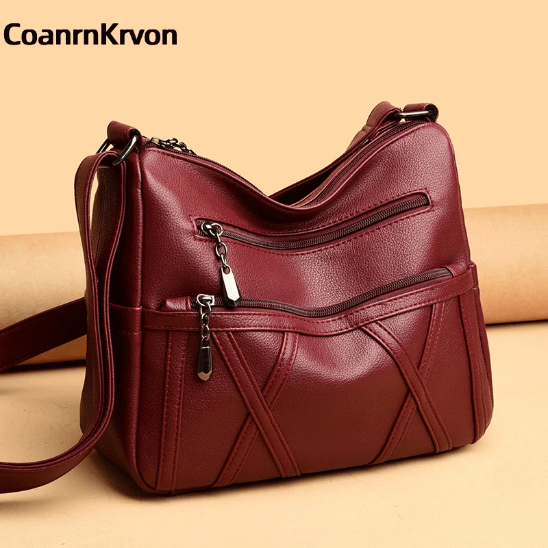 New 2024 Leather Black Crossbody Bag Women\'s Trendy Portable Gift Mom Bag Large Capacit Soft Multiple Layers Pockets Commuterbag