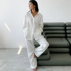 Women Two Pieces Pajamas Sets Muslin 100% Cotton Crepe Loose Casual White Long Sleeve Blouse High Wasit Pants Homewear Suits