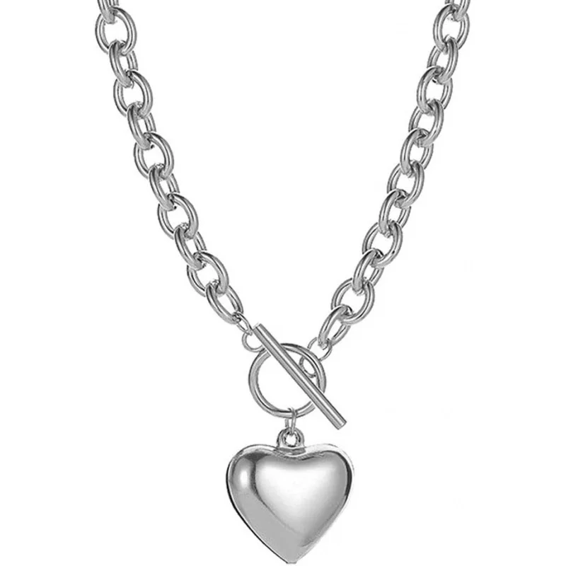 

18K White Gold Plated Chunky Cuban Chain Link Necklace for Women - Adorned with Heart and Moon Charms.