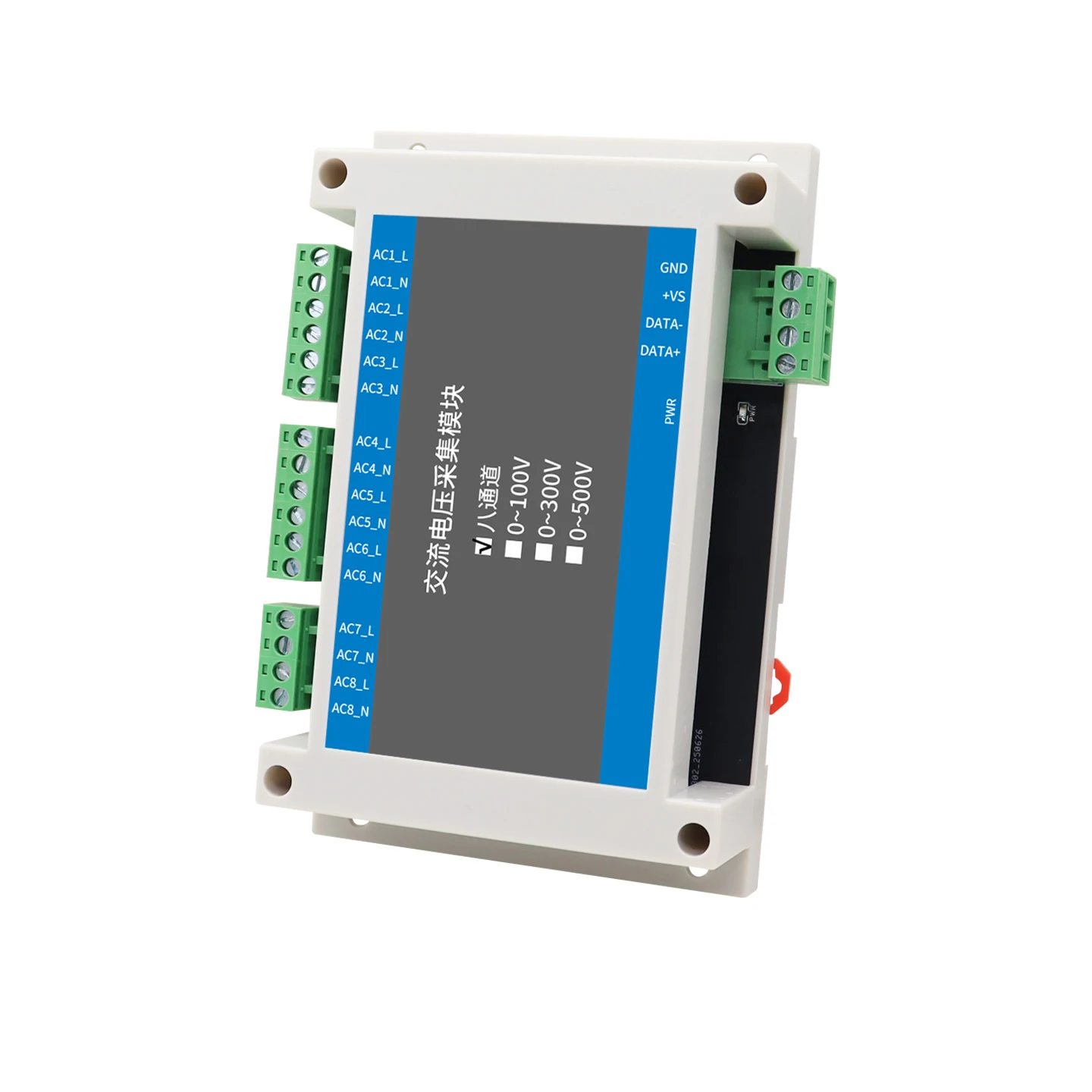Modulo di acquisizione tensione CA industriale a 8 canali (0-500 V) - Vero RMS, RS485 MODBUS-RTU, isolamento 3000 V per monitoraggio intelligente