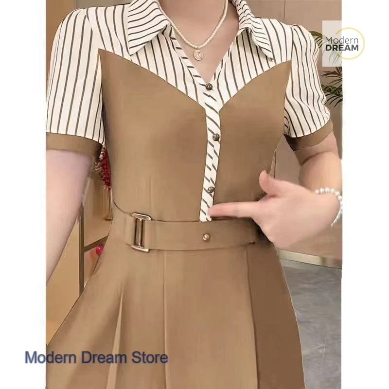 

French style contrast stitching striped dress female spring and autumn new fashion loose slim temperament elegant long skirt.
