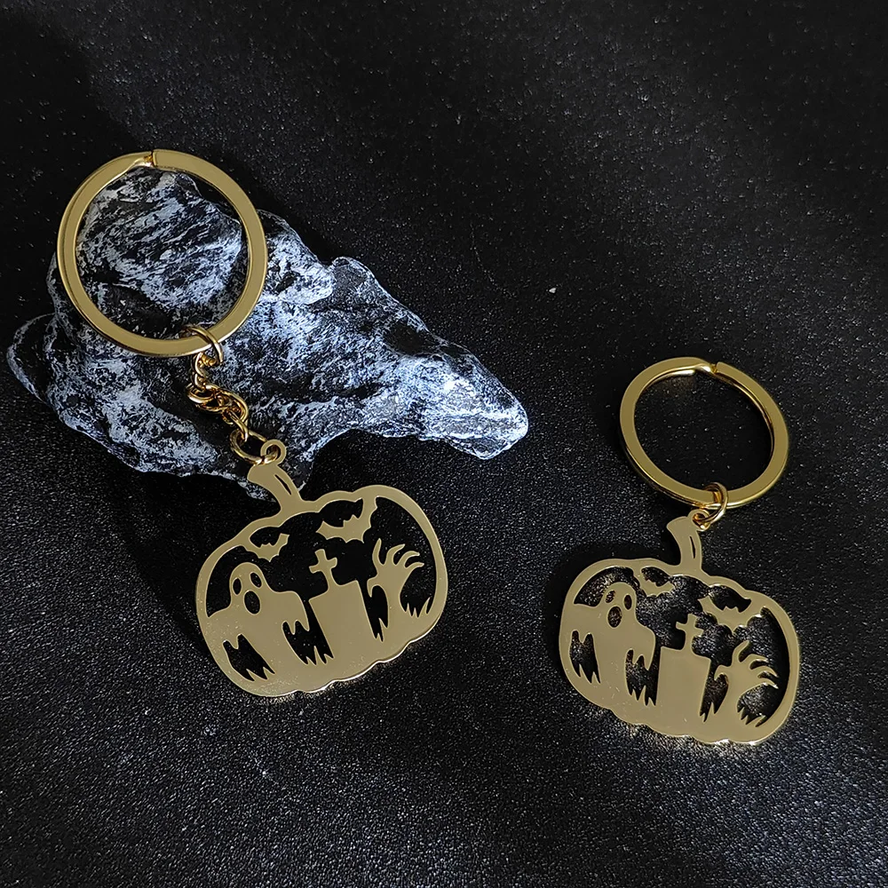 

Stainless Steel Keychain Pumpkin Ghost Keychains Gothic Hollow Design Pendant Keyring Car Accessories Holiday Gift