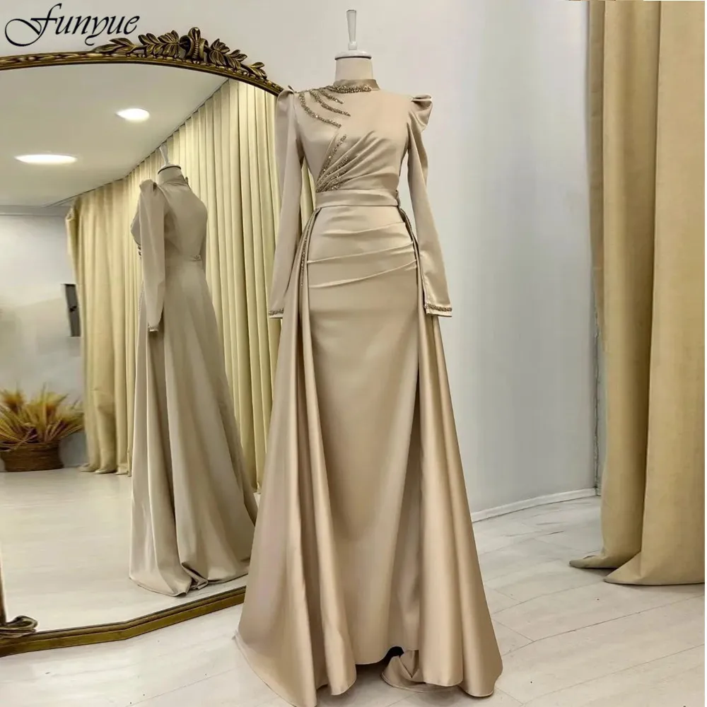 Funyue Elegant Muslim Evening Gown Mermaid Long Sleeve Formal Dress High Neck Arabia Dubai Wedding Party Dress Vestidos De Noite