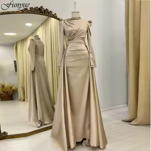Funyue Customized Muslim Evening Gown Mermaid Long Sleeve Formal Dress High Neck Dubai Wedding Party Dress Vestidos De Noite