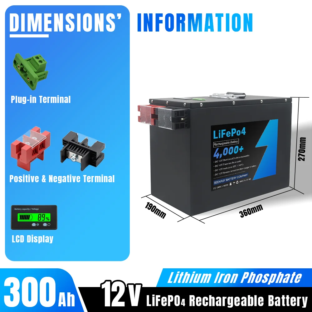 12V 300Ah Lifepo4 Rechargeable Battery Pack Deep Cycle Built-in BMS for RV Solar Backup  Energy +Charger