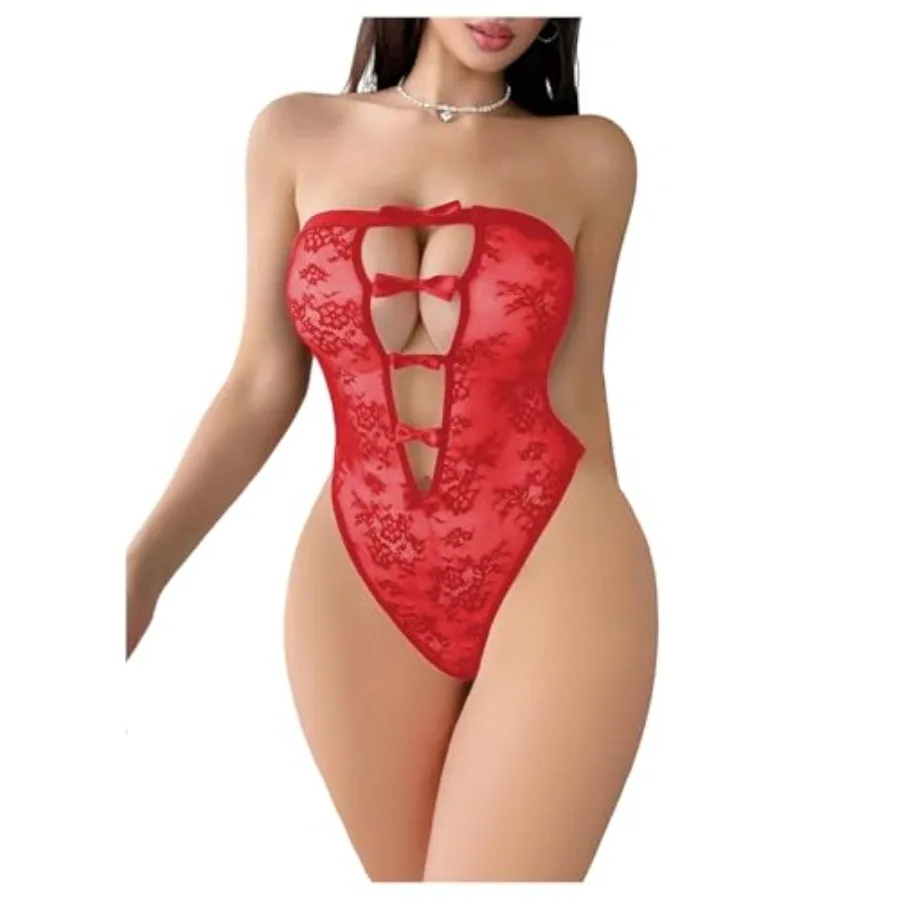

OYOANGLE Women's Lace Sheer Lingerie Bodysuit Cut Out Strapless Teddy Babydoll Bodysuits