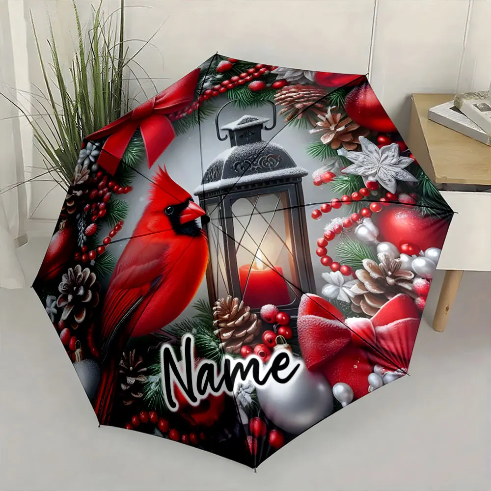 Custom Name  Festive Cardinal and Lantern Umbrella Design Print 8 Iron Ribs Folding Umbrella Auto-Open Fashion Sunshade