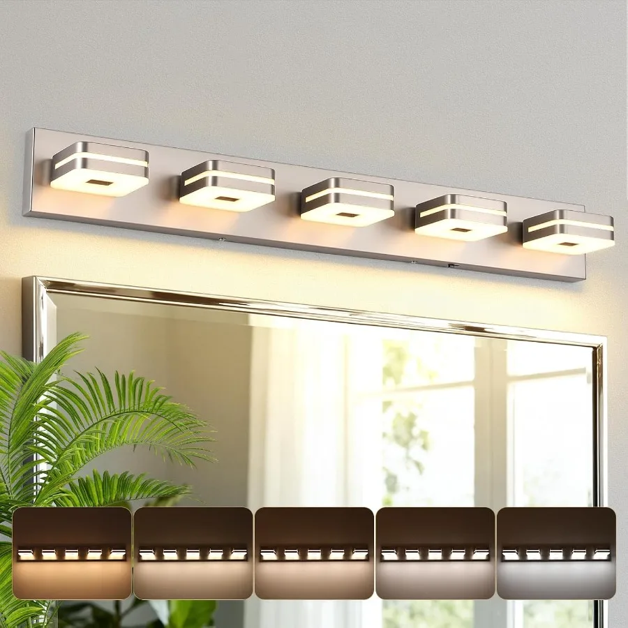 Modern Bathroom Vanity Light Fixture, 5CCT Dimmable LED Wall Sconce, 34 Brushed Over Mirror Light, 5-Light Acrylic Vanity Light