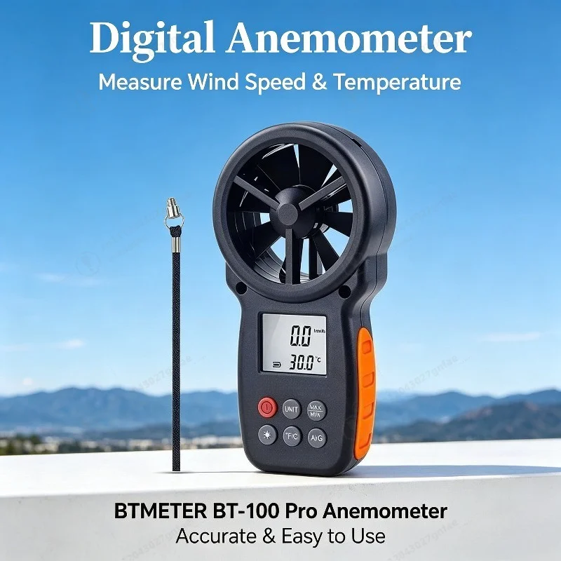 BT-100 Digital Anemometer Handheld Wind Speed Meterfor Measuring Wind Speed Temperature and Wind Chill with Backlight LCD