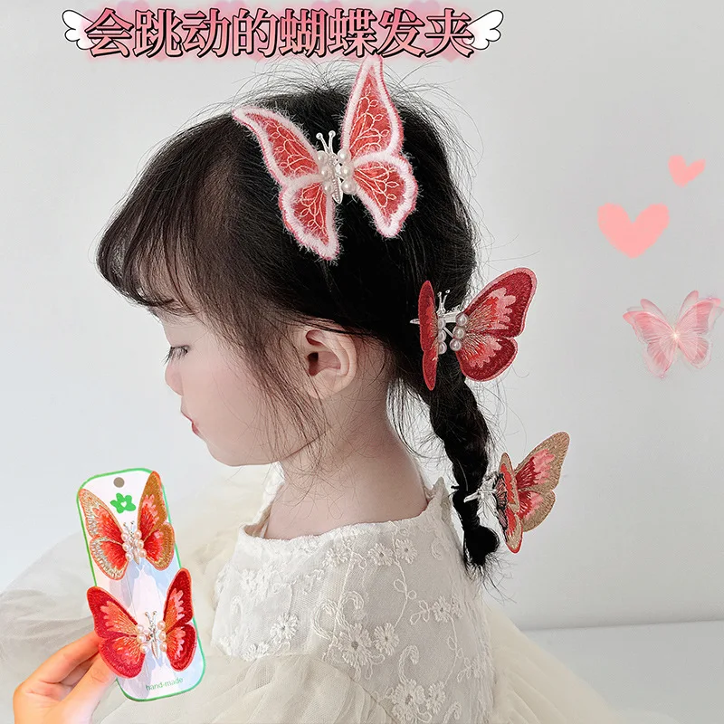 2024 New Chinese Red Embroidery Hairpin Moving Butterfly Side Clip Children\'s Sweet And Cute Hair Accessories