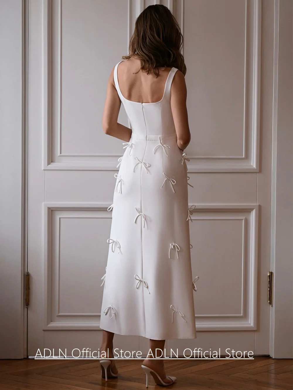 Simple Wedding Dress Customized Square Neck Sleeveless Bowtie Back Zipper Wedding Party Dresses Ankle Length Bridal Gown