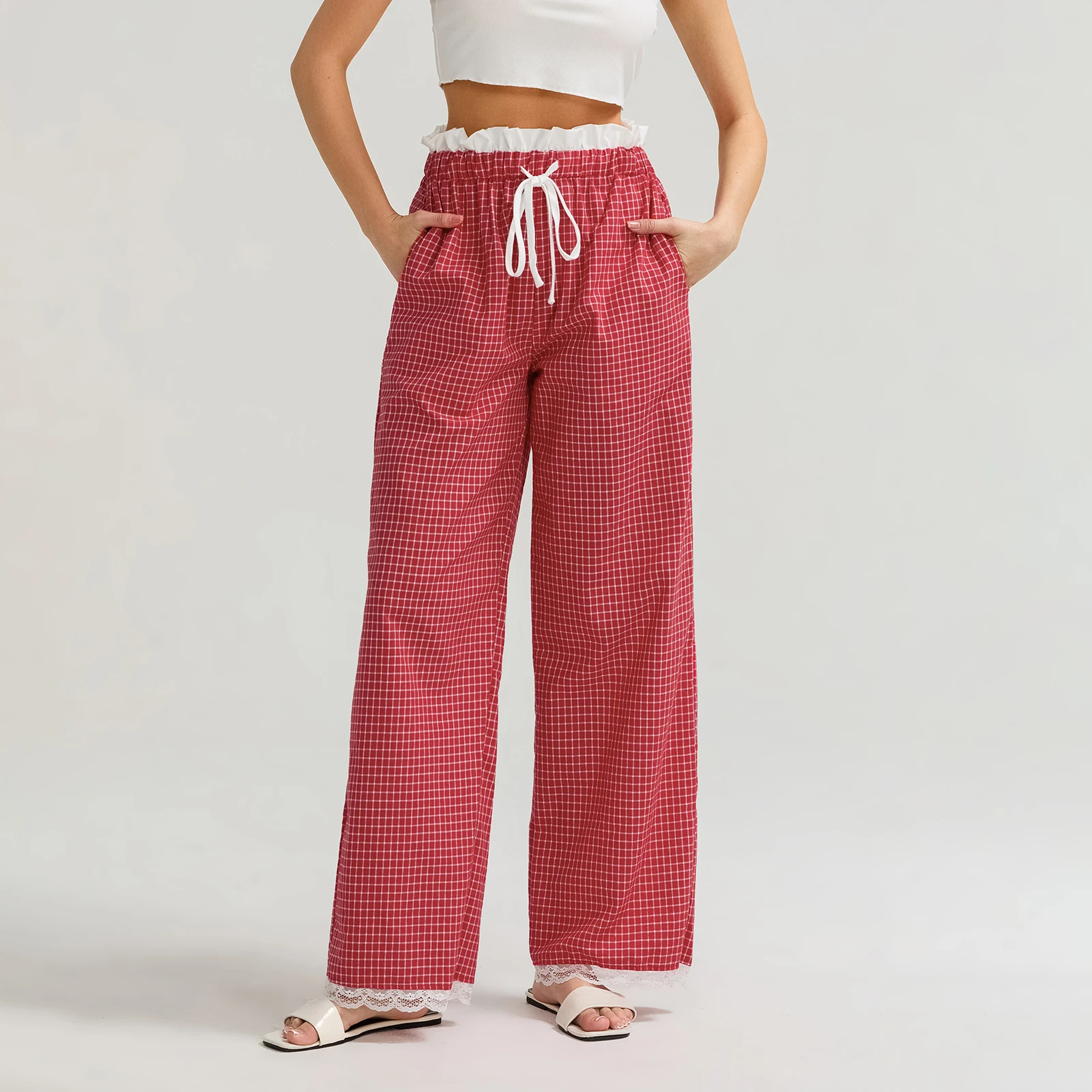 Women's Casual Sweet Lace Trim Wide Leg Pants Drawstring Elastic Waist Plaid Print Boxer Pants Ruffle Trousers