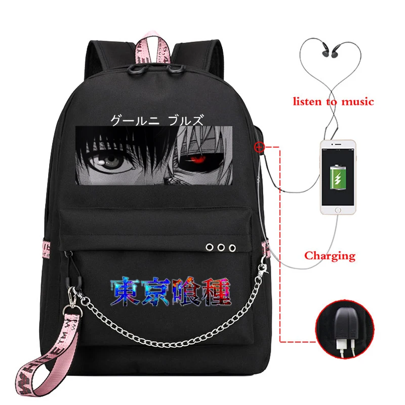 Tokyo Ghoul Kaneki Ken Eyes Japan Anime Print Girls School Bag Bookbag Backpack Usb Charging Teenager Women Girl Manga Schoolbag