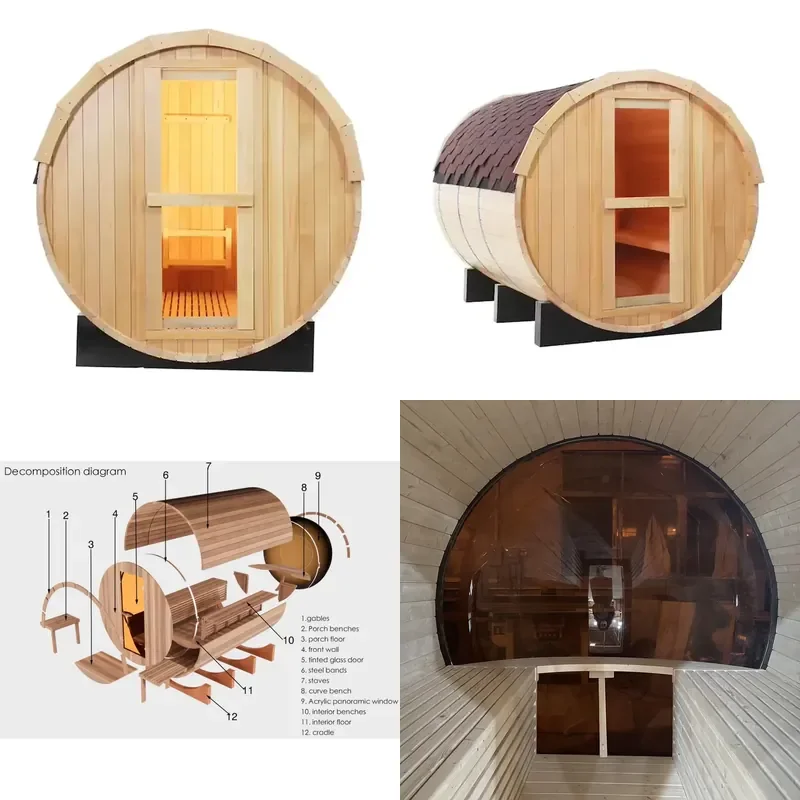 Cedar Barrel Bropool Hemlock Barrel Sauna Red Solid Wood Electric Heater / Wood Burning Stove 8 Mm Tempered Glass 3 Years