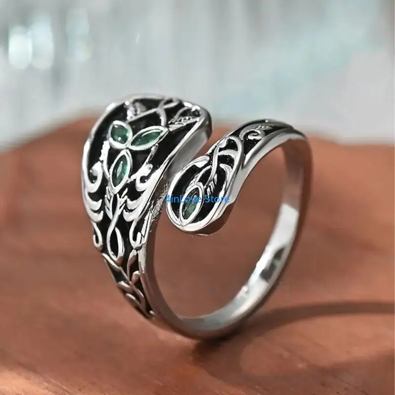 T4MD Size Adjustable Plant Ring Green Stone Jewelry Victorian Inspired Nature Lover Gift Art Nouveau Spoon Ring