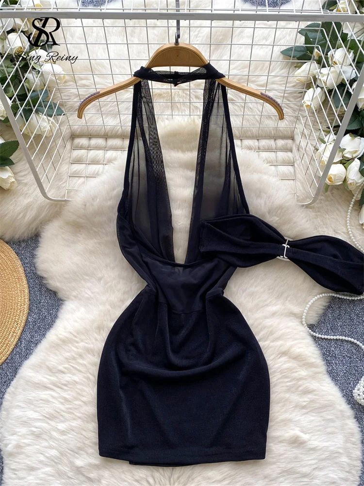 Abito da donna sexy con scollo all'americana trasparente senza schienale Abito tubino trasparente alla moda Abito corto diviso sensuale con fiocco estivo