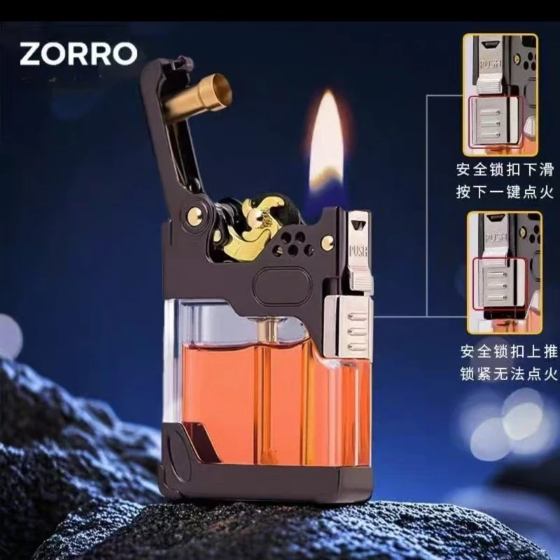 

Новая ветрозащитная зажигалка Zorro, прозрачный топливный бак большой емкости, керосиновая зажигалка с одной кнопкой и защитным замком, подарок для мужчин в стиле меха.