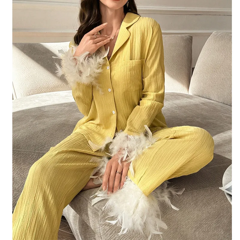 

Luxury Feather Trim Pajamas Suit Women Long Sleeve Shirt Pants 2Pcs Sleepwear Loungewear Autumn Spring Nre Home Clothing