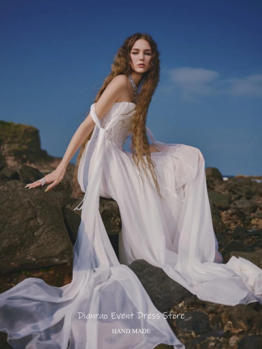 Dianruo Sweetheart Rhinestone Wedding Dress Flowy Chiffon A Line Vestido De Noiva Bridal Vintage Maxi Evening Dress Customized