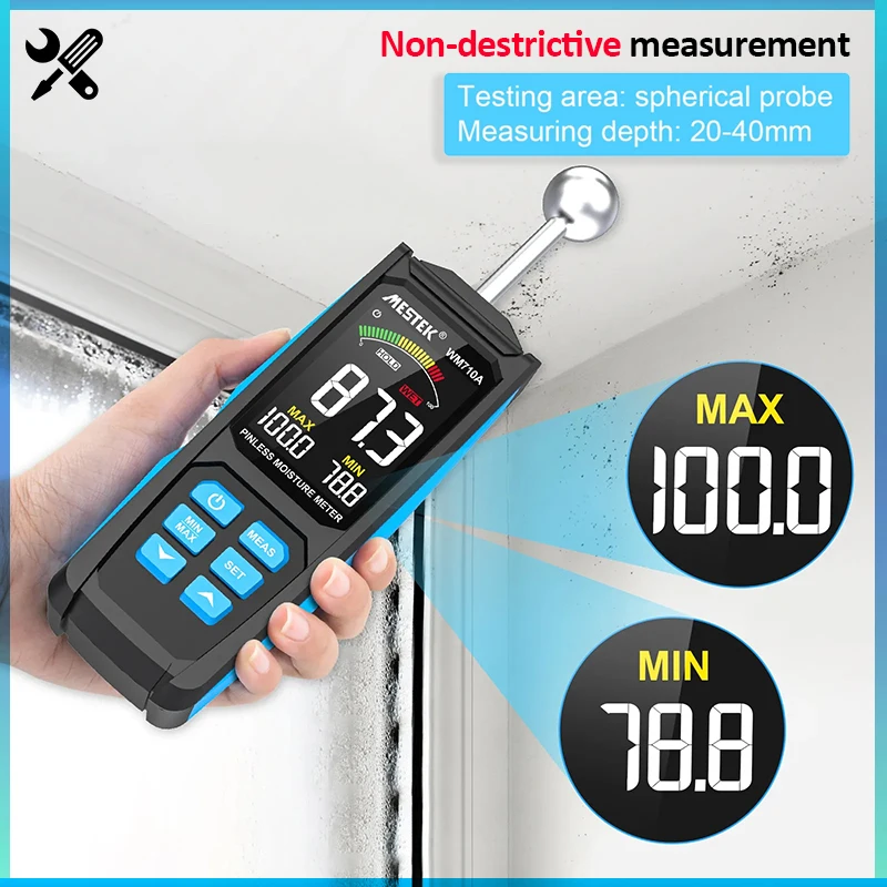 

WM710A Digital Wood Moisture Meter Hygrometer Non-contact Timber Damp Detector Alarm Non-destructive Measurement Humidity Tester