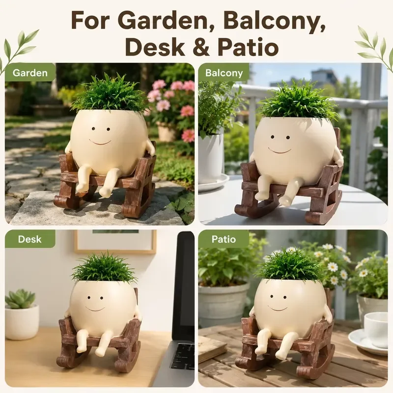 Cute Smiley Face Resin Flower Pot Lightweight Eco Friendly Creative Succulent Planter Rocking Chair Design Home Garden Decor