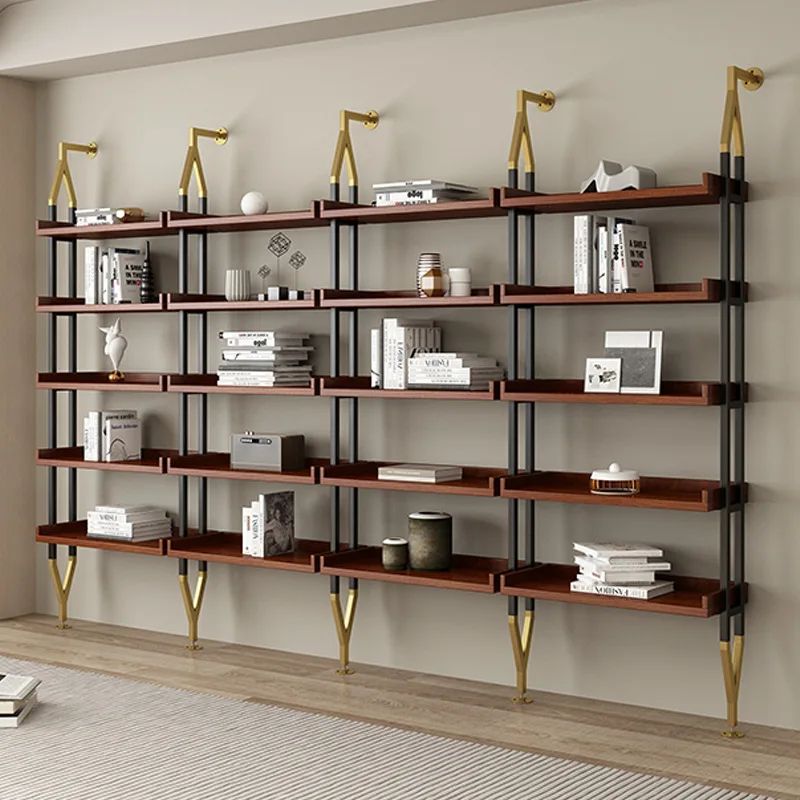 KSolid wood Italian light bookshelf wall-mounted living room home wrought iron shelf floor-to-ceiling multi-layer storage rack
