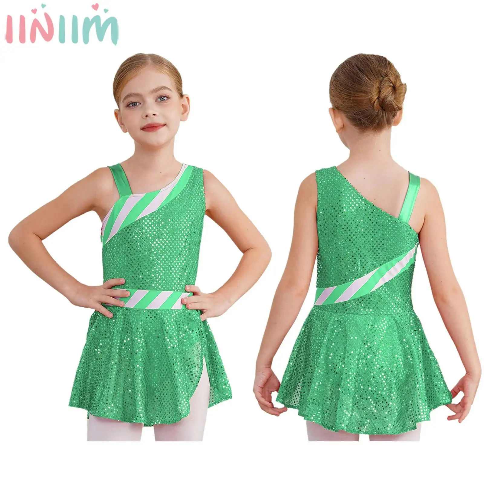 Kids Girls Christmas Ballet Dance Skating Gymnastics Leotard Dress Sleeveless Shiny Sequins Bodysuit Xmas New Year Party Costume