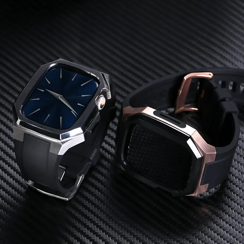 Luxury Stainless Steel Case Strap For Apple Watch 44mm 45mm Cover Rubber Band For iWatch Series 8 7 6 5 4 SE Modification Kit