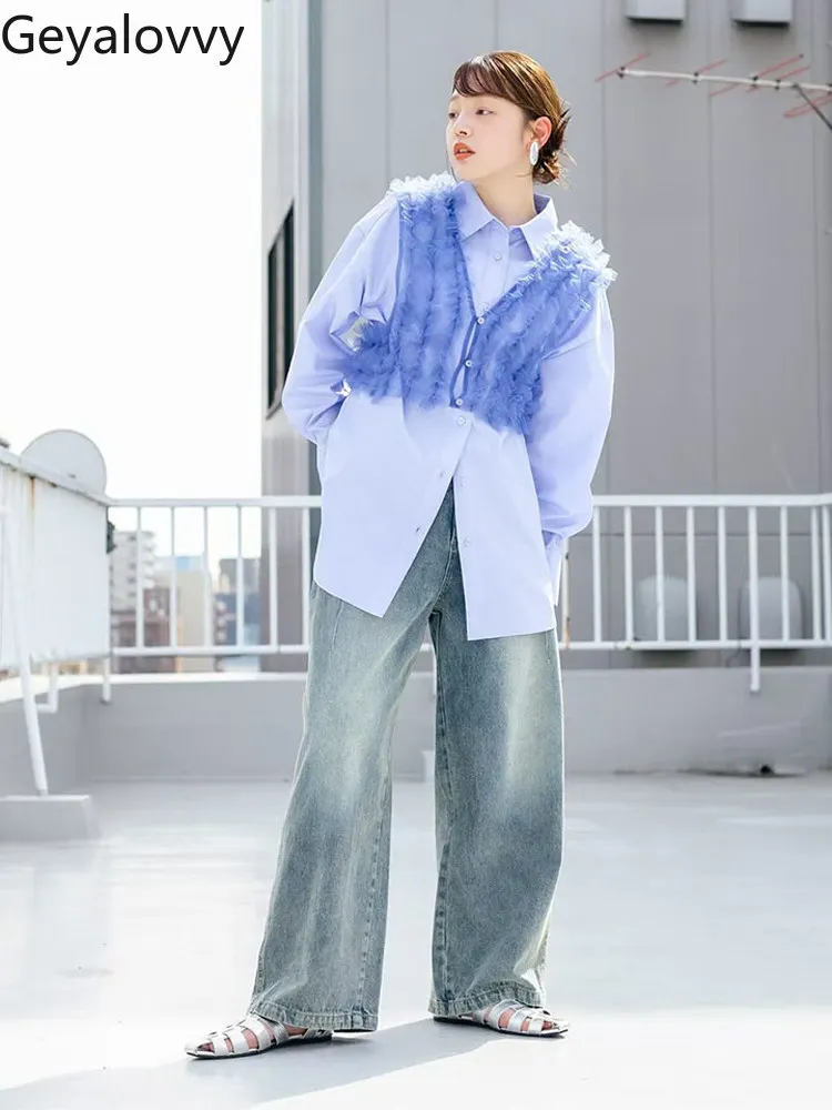 Japanese Sweet Casual Style Tulle Short Vest + Loose Long-sleeved Shirt Top Spring Autumn Versatile Casual Women's Suit