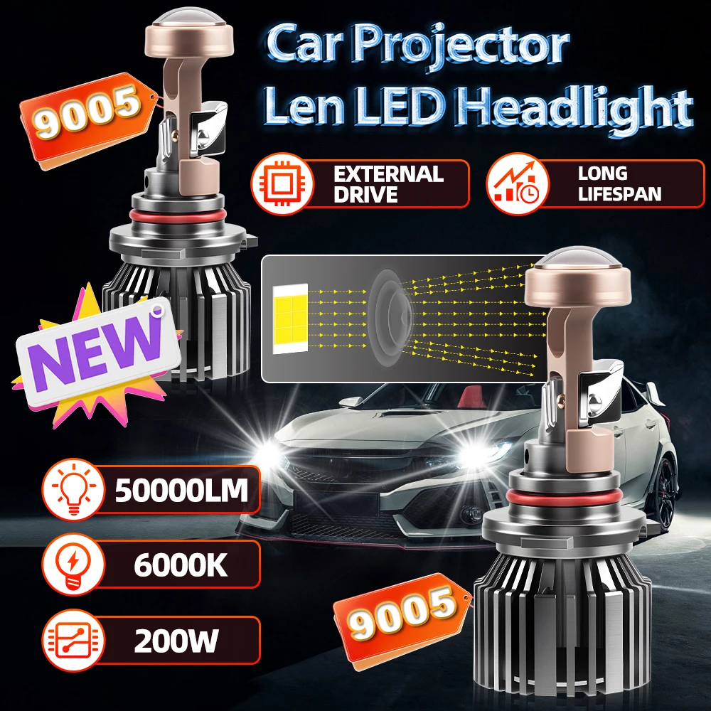 

2X 9005 H4 H7 H11 9006 Car Projector Len LED Headlight Ampoule Canbus 200W Turbo 50000LM 12V External Drive 6000K Long Lifespan