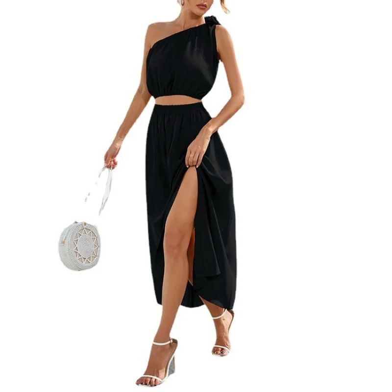 2024station women's clothing fashion oblique shoulder bow suit split expansion skirt dress two-piece set for