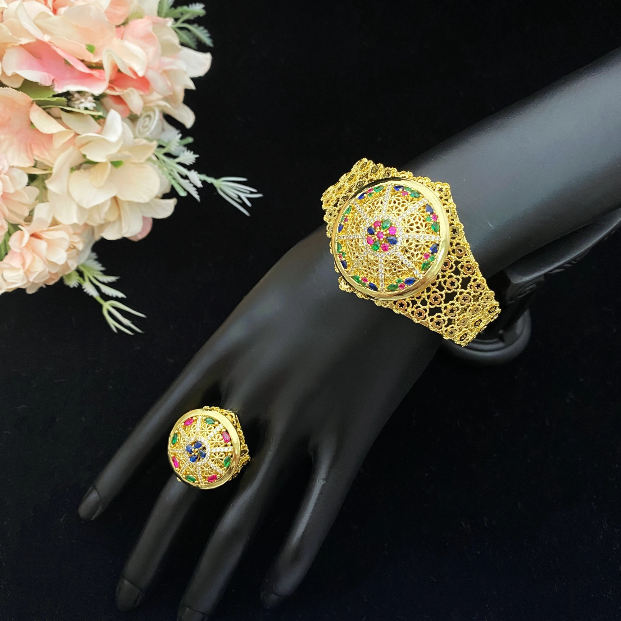 

JRH подарочная коробка для ювелирных изделий, комплект из 2 предметов, позолоченная латунь, циркон, открытый браслет, кольцо, изысканные блестящие женские украшения