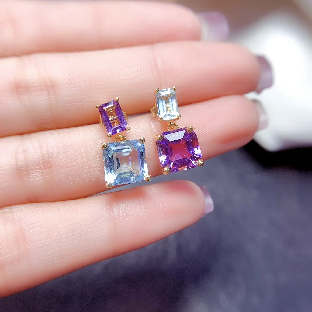 

FS S925 Sterling Silver Natural Amethyst Topaz Asymmetric Earrings for Women Fine Charm Wedding Jewelry With Certificate MeiBaPJ