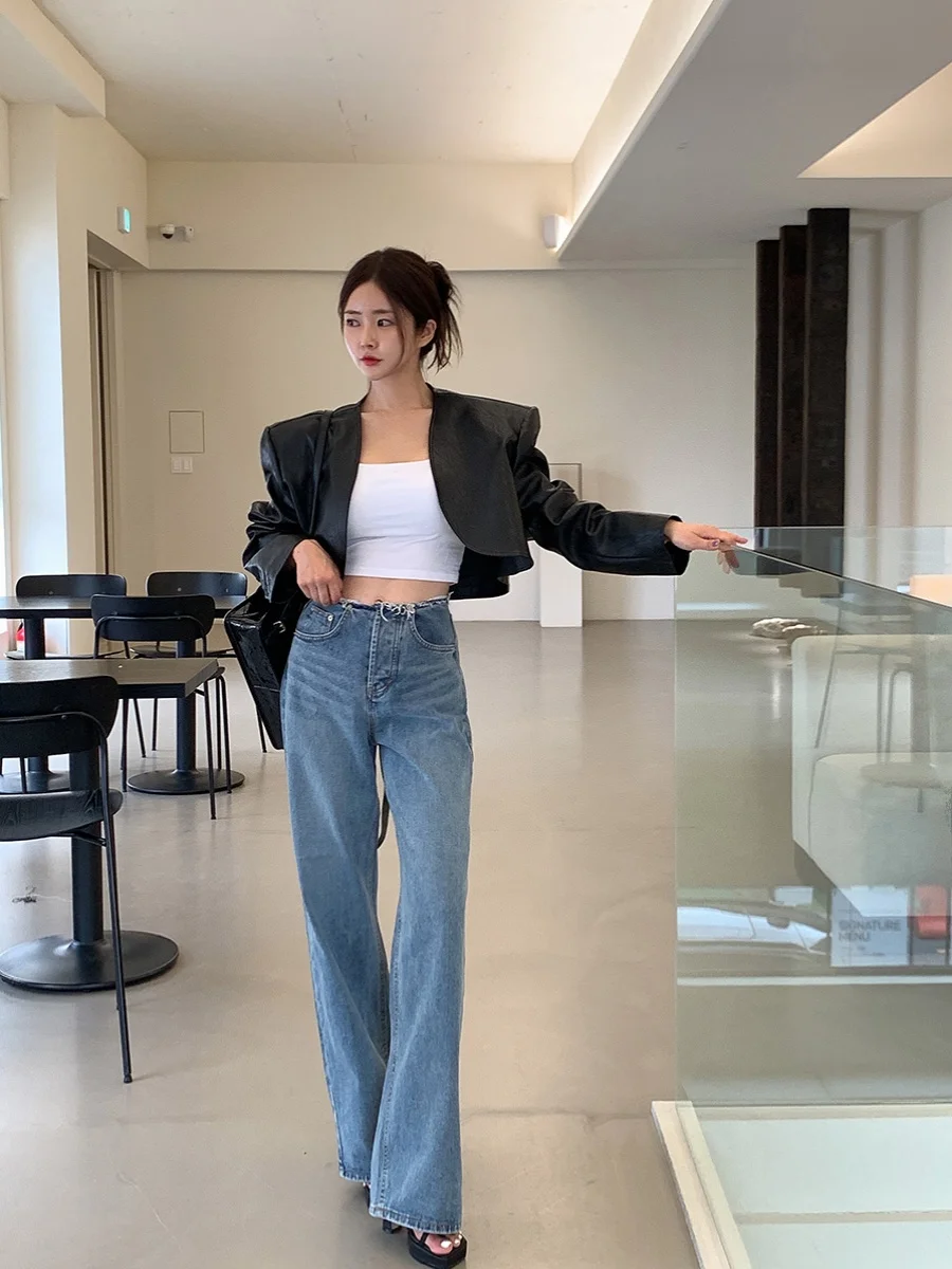 Rétro Bla cuir Jaet femmes ort Sve Long Sve moto Sle Cool épicé PU cuir manteau automne Faion haut