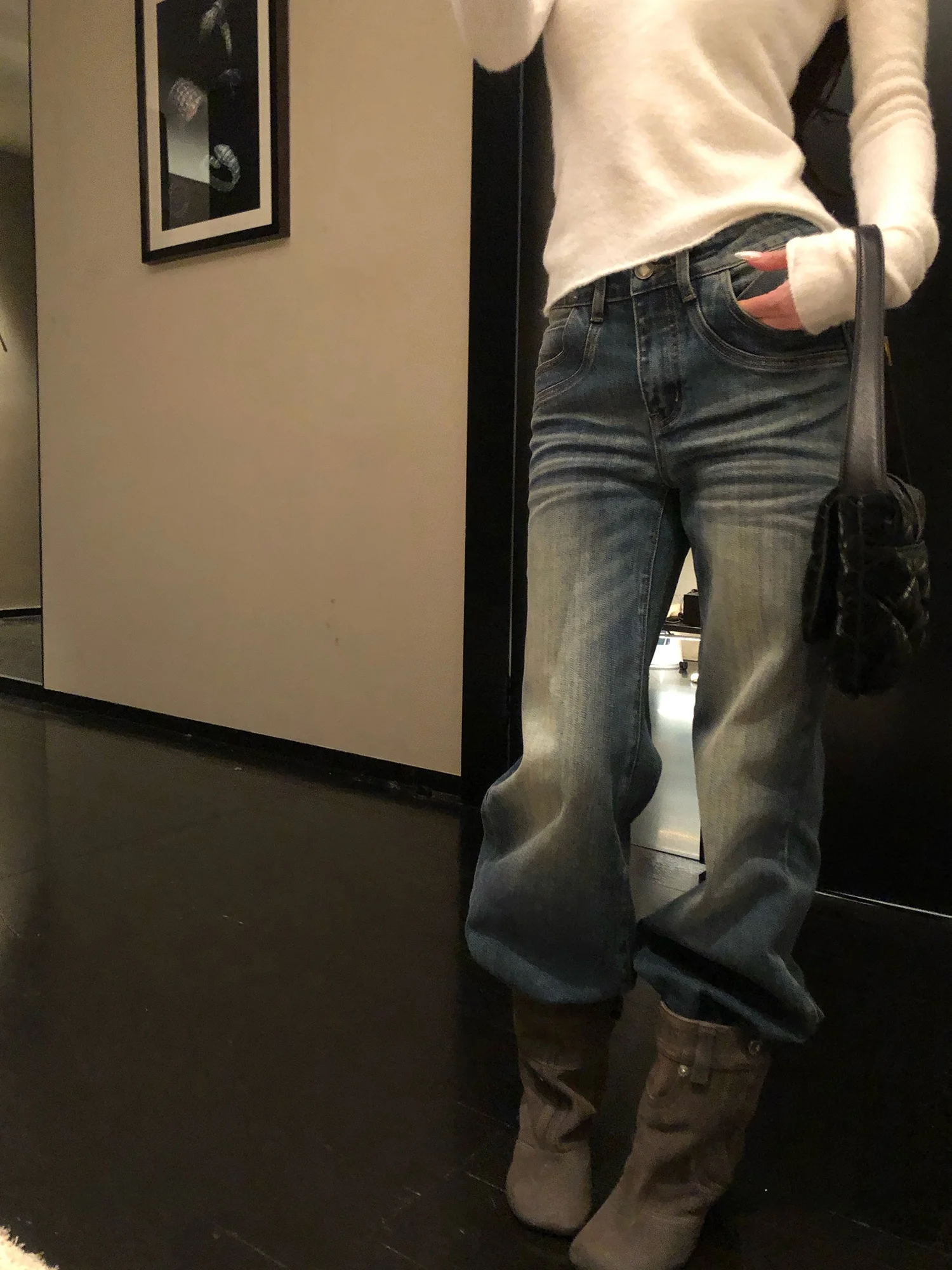 

Женские джинсы с низкой талией, расклешенные, из выцветшего хлопка, прямого кроя, осенне-зимние, для повседневной носки, в стиле ретро, американские