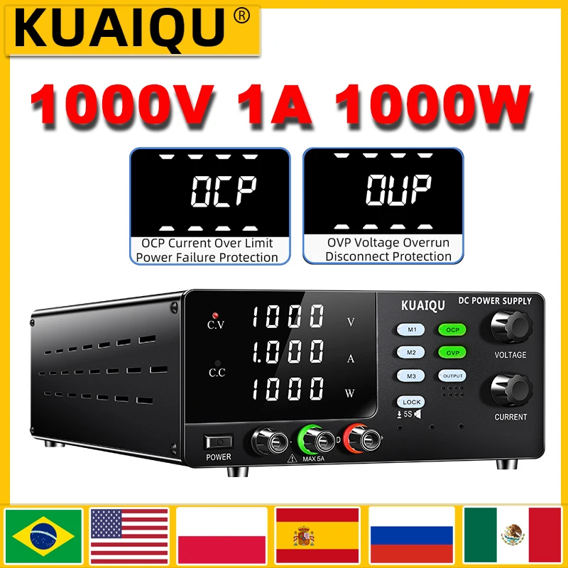 Zasilacz laboratoryjny KUAIQU 1000V 1A DC, regulowany 800V/600V/400V, z funkcjami OCP/OVP/M1~M3/Buzzer, regulator napięcia z przełączaniem, test napięcia.