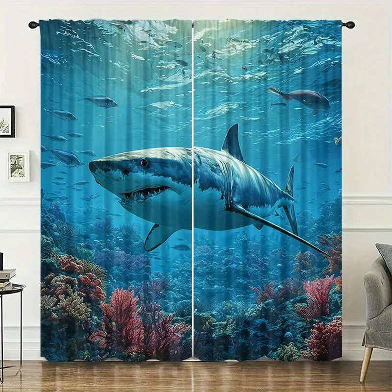 2pcs Underwater Shark Coral Reef Curtains Ocean Marine Life Print Blackout Drape Living Room Bedroom Window Treatment