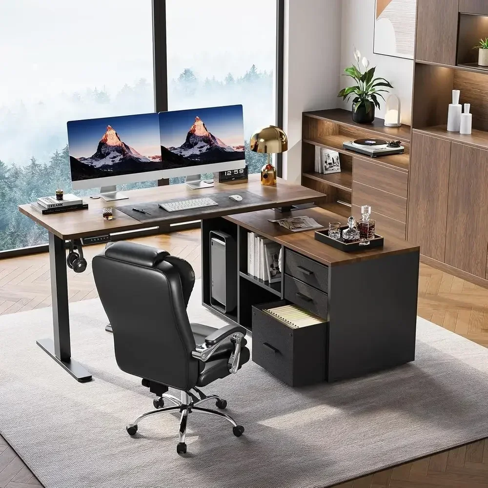 Electric Adjustable Height L-Shaped Desk, 55 x 23.6 Walnut Stand-Up Desk with 4 Memory Presets
