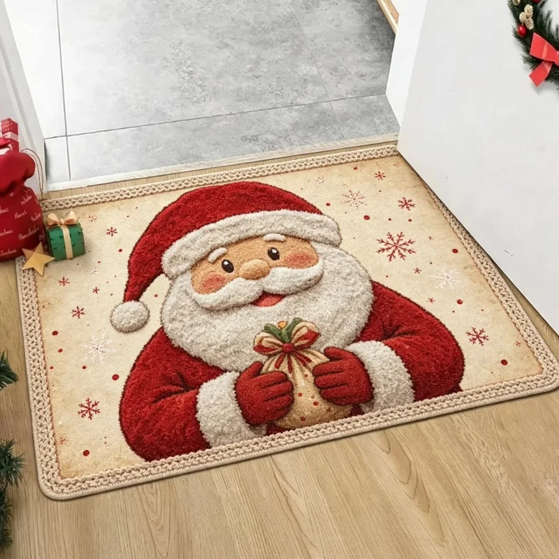 VIKAMA Cute Santa Face Holiday Welcome Mat Holly Pine Branch Easy‑Care Printed Rug for Indoor Porch Xmas Home Decoration